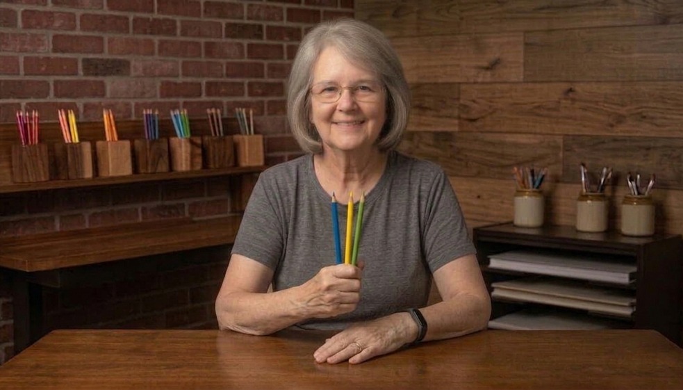 Karen Murphy in her studio with colored pencils